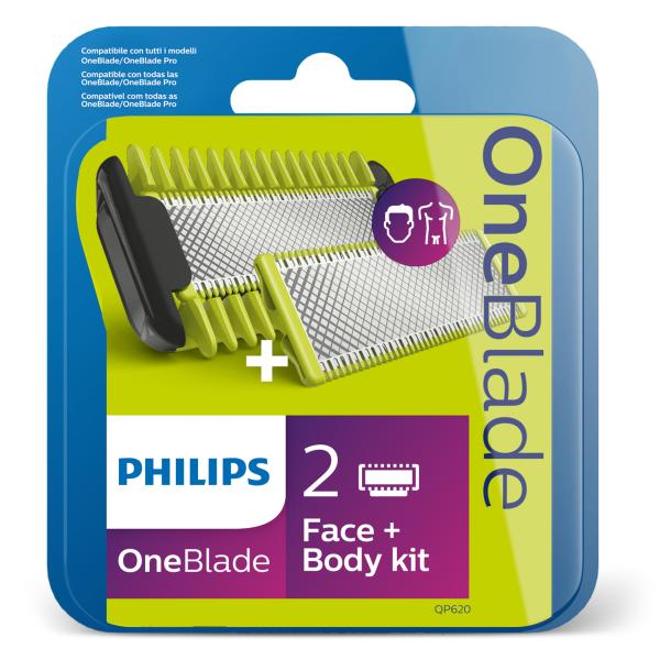 В корзину Сменные лезвия OneBlade для лица с насадкой-гребнем для тела Philips QP620, 2 шт Сменные лезвия OneBlade для лица с насадкой-гребнем для тела Philips QP620, 2 шт